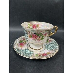 VTG L M Royal Halsey Very Fine Teacup & Saucer Floral Pink Green Gold Iridescent